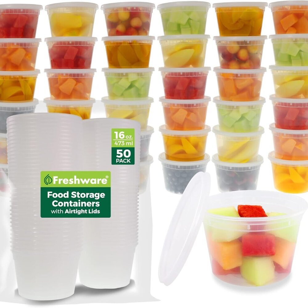 Food Storage Containers [50 Set] 16 oz Plastic Deli Containers with Lids, Slime,
